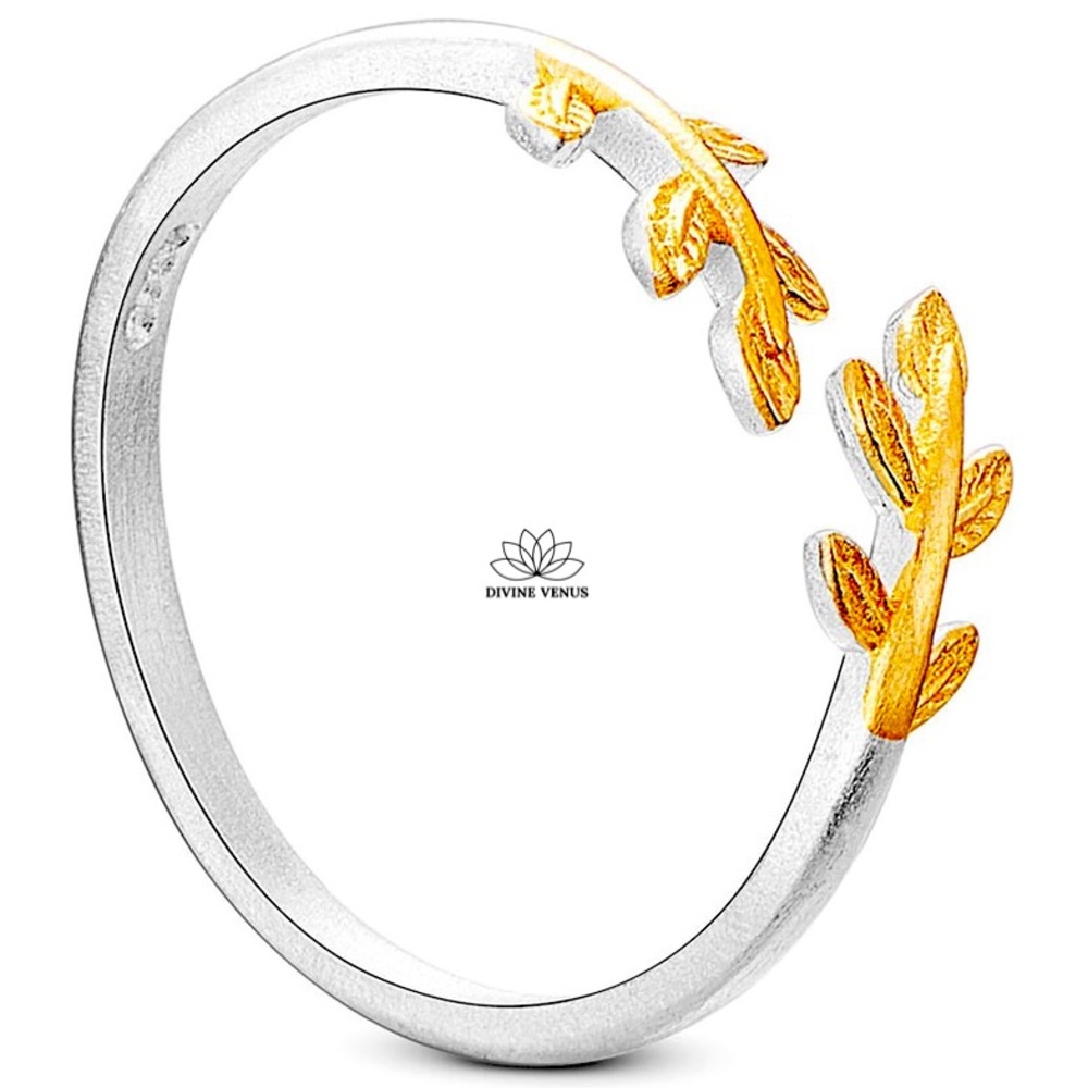 925 Sterling Silver Open Cuff Leaf Ring • 24K Gold Plated Leaves